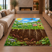 plant roots and underground nature rug displayed in a living room with a fireplace