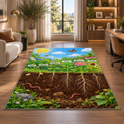 plant roots and underground nature rug displayed in a lounge with wooden shelves