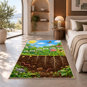 plant roots and underground nature rug displayed in a bedroom in sunlight