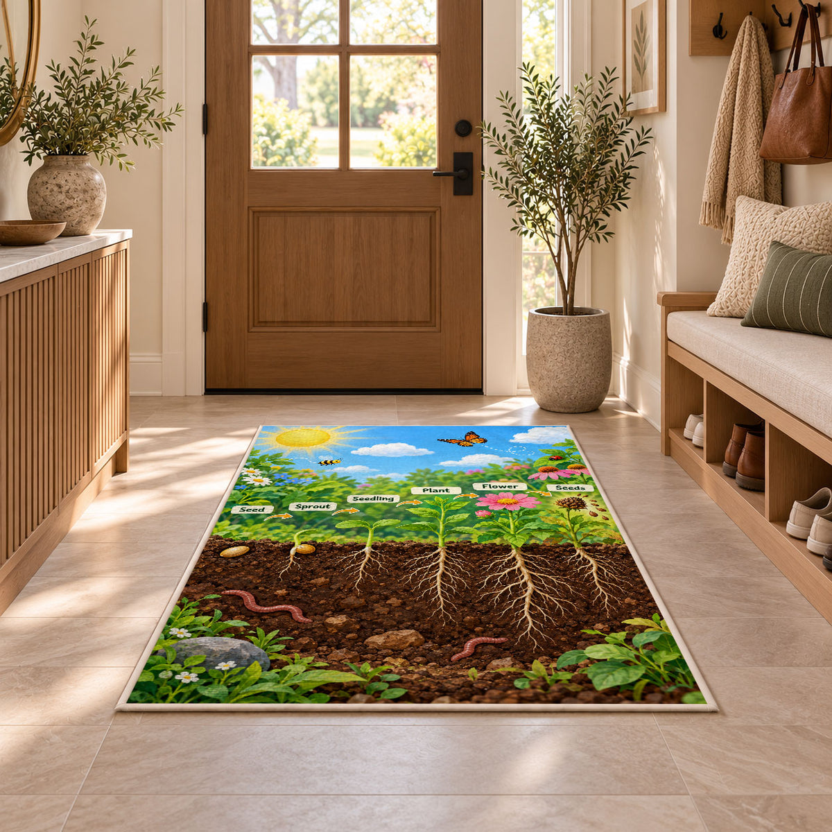plant roots and underground nature rug displayed in a entryway beside a wooden door