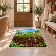 plant roots and underground nature rug displayed in a entryway beside a wooden door