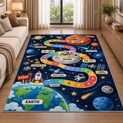 earth to mars rocket journey play map rug displayed in a sunlit lounge beside a sofa