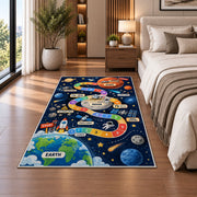 earth to mars rocket journey play map rug displayed in a bedroom beside the bed
