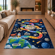 earth to mars rocket journey play map rug displayed in a living room with a fireplace