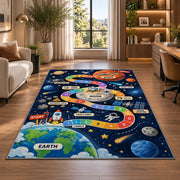 earth to mars rocket journey play map rug displayed in a lounge with wooden shelves