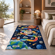 earth to mars rocket journey play map rug displayed in a bedroom in sunlight