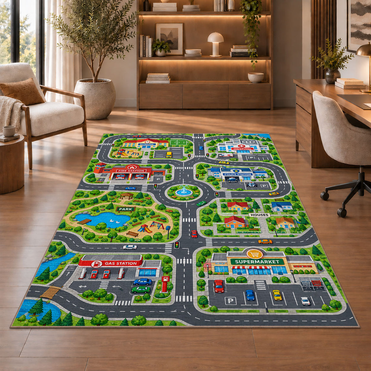community roads park map rug displayed in a living room with wooden shelves