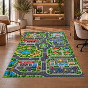 community roads park map rug displayed in a living room with wooden shelves