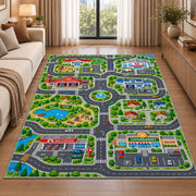 community roads park map rug displayed in a sunlit lounge beside a sofa