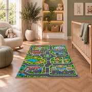 community roads park map rug displayed in a nursery beside an upholstered chair