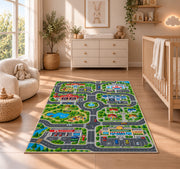 community roads park map rug displayed in a nursery beside a crib
