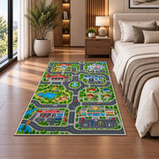 community roads park map rug displayed in a bedroom beside the bed