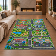 community roads park map rug displayed in a living room with a fireplace