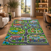 community roads park map rug displayed in a lounge with wooden shelves