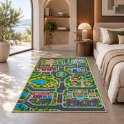 community roads park map rug displayed in a bedroom in sunlight
