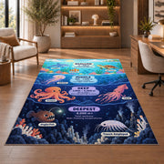 ocean depth creature chart rug displayed in a living room with wooden shelves