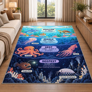 ocean depth creature chart rug displayed in a sunlit lounge beside a sofa