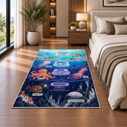 Ocean depth creature chart rug displayed in a bedroom beside the bed