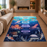 ocean depth creature chart rug displayed in a living room with a fireplace