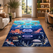 ocean depth creature chart rug displayed in a lounge with wooden shelves