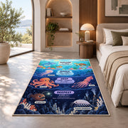 ocean depth creature chart rug displayed in a bedroom in sunlight