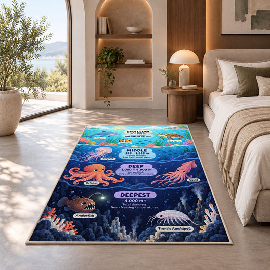 ocean depth creature chart rug displayed in a bedroom in sunlight
