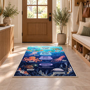ocean depth creature chart rug displayed in a entryway beside a wooden door