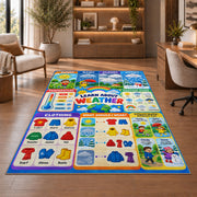 weather and clothing learning chart rug displayed in a living room with wooden shelves