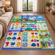 weather and clothing learning chart rug displayed in a sunlit lounge beside a sofa
