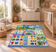 weather and clothing learning chart rug displayed in a nursery beside a crib
