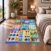 weather and clothing learning chart rug displayed in a bedroom beside the bed