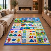 weather and clothing learning chart rug displayed in a living room with a fireplace