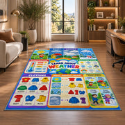 weather and clothing learning chart rug displayed in a lounge with wooden shelves