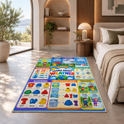 weather and clothing learning chart rug displayed in a bedroom in sunlight