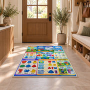 weather and clothing learning chart rug displayed in a entryway beside a wooden door