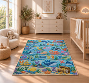 ocean animal alphabet rug displayed in a nursery beside a crib