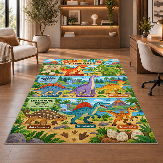 bright dinosaur era adventure rug displayed in a living room with wooden shelves