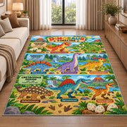 bright dinosaur era adventure rug displayed in a sunlit lounge beside a sofa