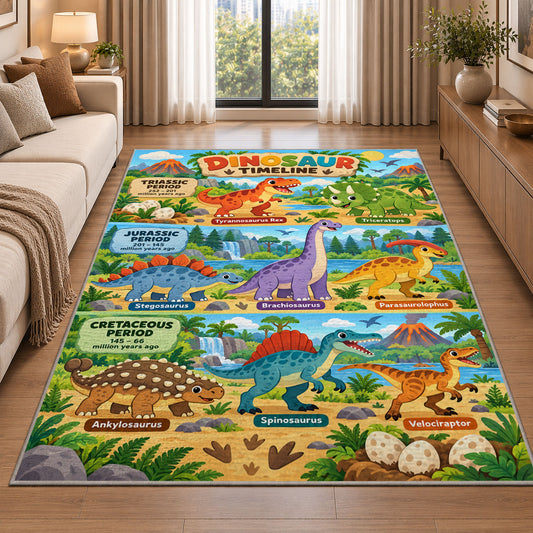 bright dinosaur era adventure rug displayed in a sunlit lounge beside a sofa