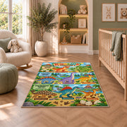 bright dinosaur era adventure rug displayed in a nursery beside an upholstered chair