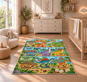bright dinosaur era adventure rug displayed in a nursery beside a crib