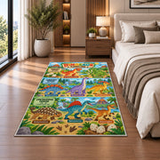 bright dinosaur era adventure rug displayed in a bedroom beside the bed
