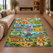 bright dinosaur era adventure rug displayed in a living room with a fireplace