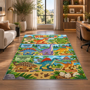 bright dinosaur era adventure rug displayed in a lounge with wooden shelves