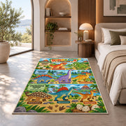 bright dinosaur era adventure rug displayed in a bedroom in sunlight