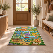 bright dinosaur era adventure rug displayed in a entryway beside a wooden door