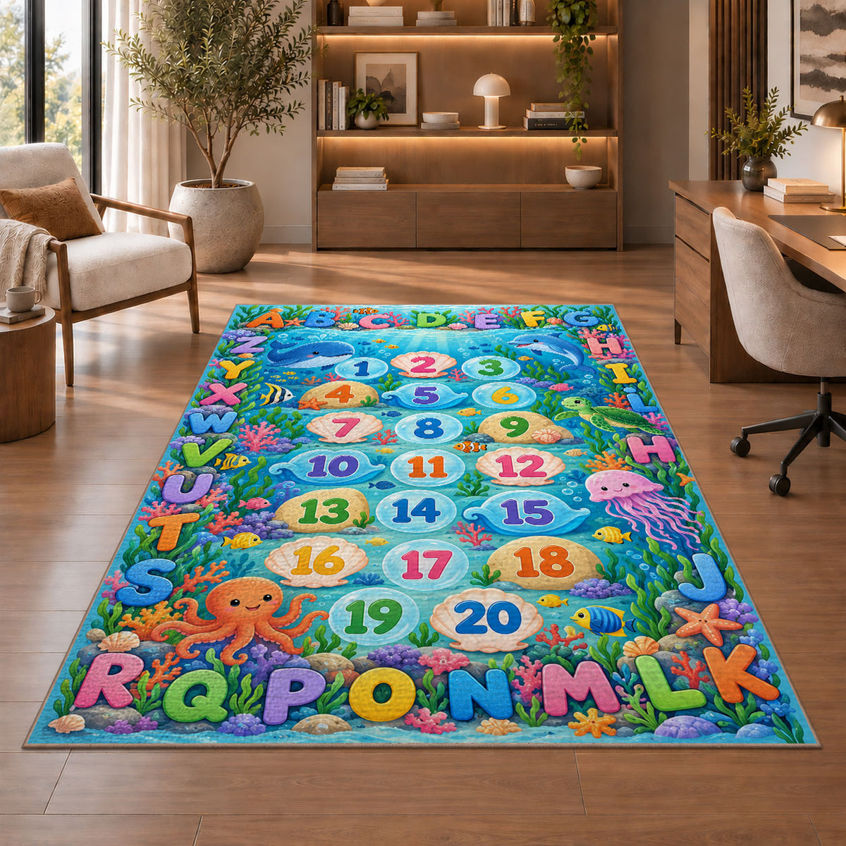 ocean alphabet number trail rug displayed in a living room with wooden shelves
