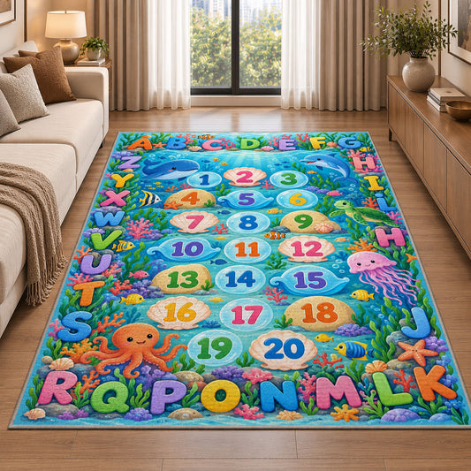 ocean alphabet number trail rug displayed in a sunlit lounge beside a sofa