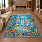 ocean alphabet number trail rug displayed in a living room with a fireplace
