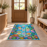 ocean alphabet number trail rug displayed in a entryway beside a wooden door